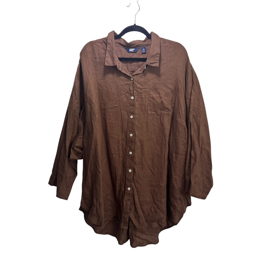 Lands End 100% Linen Resort Button Up Tunic Top Shirt Wo's 3X Brown Long Sleeve